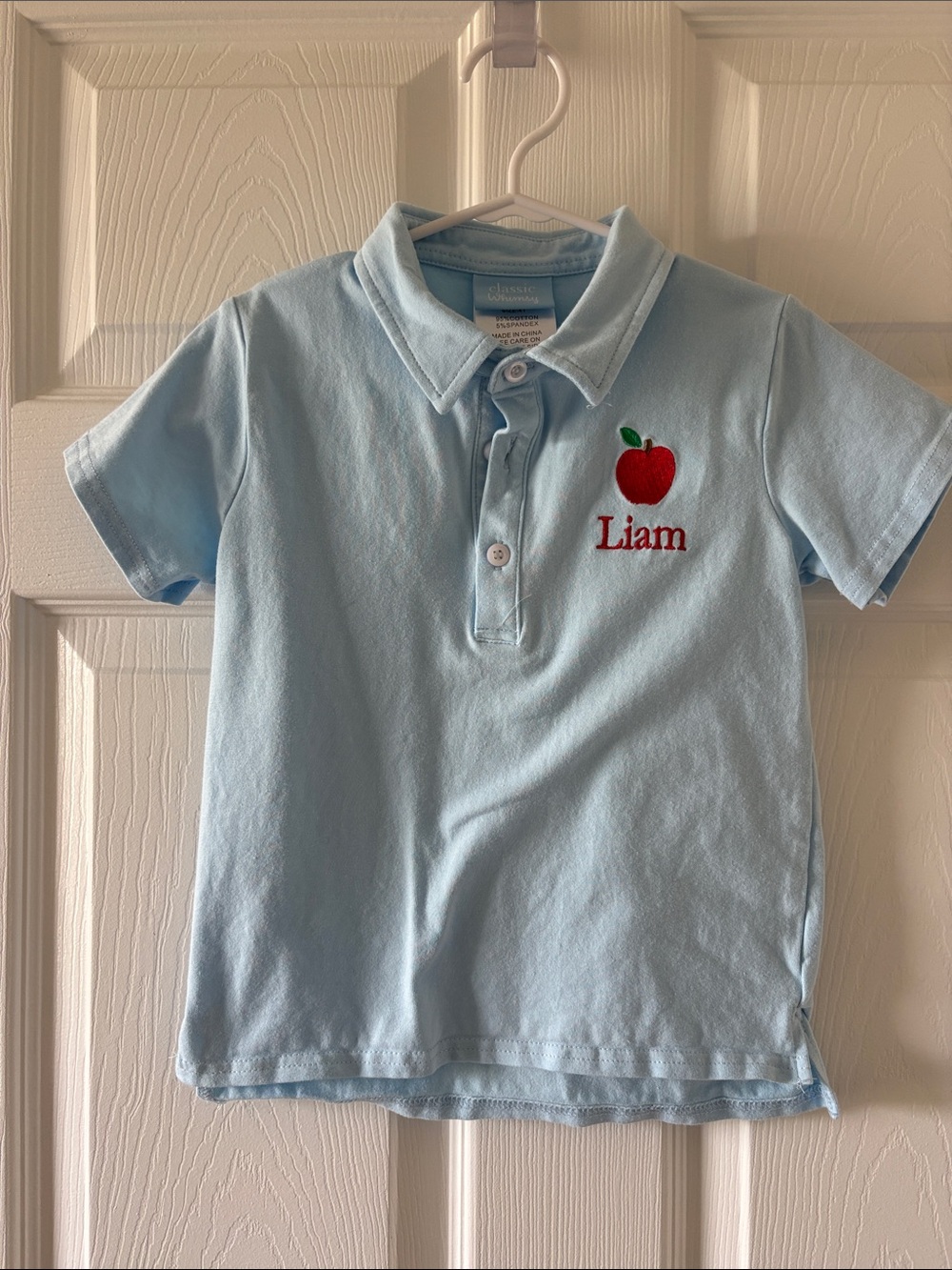 Light Blue Kids Polo with Red Apple and Liam Name Embroidery - worn once
